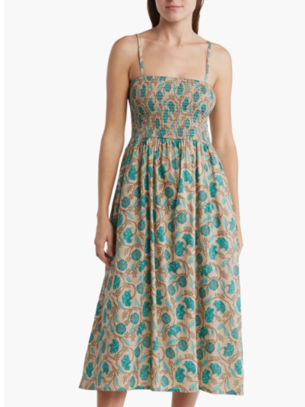 Maisie Women's Dress M Smocked Floral Midi Pockets Tan Teal Cotton Cottagecore